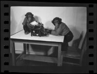 Ditto and Shorty pose with a typewriter at a photoshoot for the Los Angeles Times, 1936