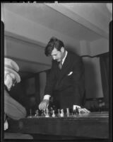 Herman Steiner and an unidentified gentleman during a game at the Chess and Checker Club, Los Angeles, 1936