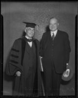 Herbert Hoover attends Pomona College celebrations with Dr. James Blaisdell, Claremont, 1936