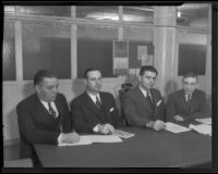 Fred Bly, Russell Bevans, Howard Deems and D. B. Hutchins sit in a meeting, Los Angeles vicinity, 1936