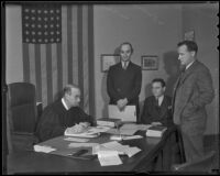 Donald E. Carr, Walter Everett Morris and William B. Beirne attend to Harry Carr's will in Judge Keetch's chambers, Los Angeles, 1936