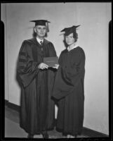 Dr. Mattison B. Jones presents degree to Clara Hamilton Mosher, Redlands, 1936