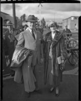Mr. and Mrs. A.C. Schwartz, owners of Grand National winner Jack Horner, arrive in Los Angeles, 1936