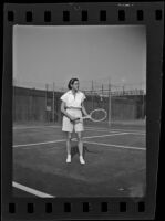 Carolin Babcock, tennis player, on the court, Los Angeles, 1936