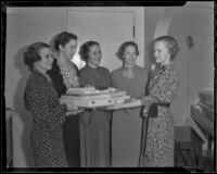 Francine Becheraz, Mrs. Rodney Carmack, Margaret Jean Millikan, and Dorothy Jueneman at a luncheon party for Francis Traeger, Los Angeles, 1930s
