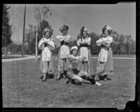 Vivian Ambrose, Pearl Grossmiller, Marjorie Murphy, Elizabeth Lowe and Martha Montgomery pose in costume at Griffith playground, Los Angeles, 1936