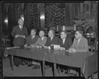 A.C. Roberts, T.W. McQuarrie, Frank W. Thomas, Vierling Kersey, Walter R. Hepner, and Arthur S. Gist meet at an educational conference, Los Angeles, 1936
