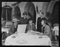 Della Anderson, Mrs. George E. Geary, Mrs. A. M. Rauri, Anita Johnson, and Nola Staggers plan benefit party, Los Angeles, 1936