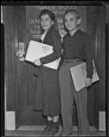 Bonita Granville and Gareth Joplin stand outside Parker Wood's office, Los Angeles, 1935