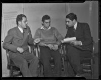Tony Saltikoff sits with attorneys Howard Levine and Robert Rubin, Los Angeles, 1935