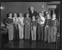 Harry Chandler with Arch Freebairn, Richard Behm, Melvin Kaplan, Lloyd Miller, Hugh Freebarin, Jack Raith, Bill Sorensen, David Reese and Jimmy Crasper, Los Angeles, 1935