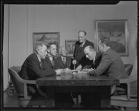 John Froelich, William Lees, Preston Schwartz, Phil Dodson, Dan Lewis and Al Myers discuss taxes, Sierra Madre, 1935