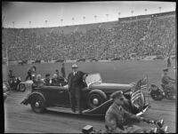 President Franklin D. Roosevelt greets crowd at Memorial Coliseum, Los Angeles, 1935