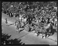 "Horse-drawn fire engine" float at Tournament of Roses Parade, Pasadena, California, 1936