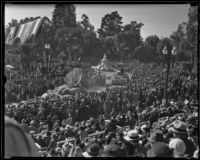 Grandstand view of floats at the Tournament of Roses Parade, Pasadena, 1936