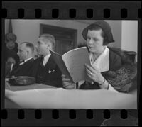 Leah Clampitt Sewell and Barton Sewell in court during divorce proceedings, Los Angeles, 1936