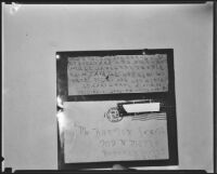 Barton Sewell third and final extortion note, Los Angeles, 1936