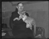 John R. Quinn holds Peanuts the lion cub, Los Angeles, 1936