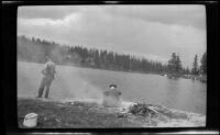 Al and Harry Schmitz fishing at Lake Elizabeth in Tuolomene Meadows, Yosemite National Park, 1921