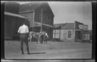 Street scene with old western style buildings and a couple with a mule, Searchlight (Nevada), 1923