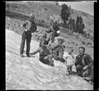 Mertie West and her family pose on a snowy incline, Yosemite National Park, 1929
