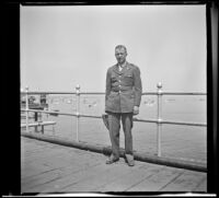Lynn West poses on a pier, Santa Monica, 1942