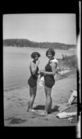 Frances West and Irene Schmitz on the shore of Lake Arrowhead, circa 1923