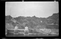 Intake towers and spillway of the Boulder Dam, viewed from the Arizona side, Boulder City vicinity, 1939