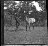 Silas Hill stands next to a horse, Burlington, 1900