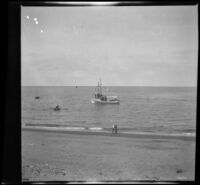 Boats off the shore with beach in the foreground, Santa Catalina Island, about 1910