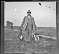 Edward Zobelein poses with ducks killed on a shoot, Orange County vicinity, about 1912