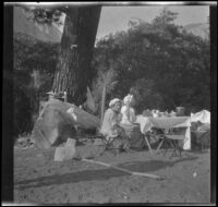 Elizabeth West and Minnie West sit a table under a tree, Mammoth Lakes vicinity, 1915