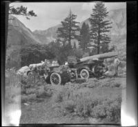McClellan, Stavnow, West and Velzy party arrives at camp near Convict Lake, Mammoth Lakes vicinity, 1915