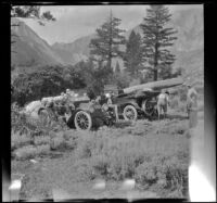 McClellan, Stavnow, West and Velzy party arriving at their camp site near Convict Lake, Mammoth Lakes vicinity, 1915