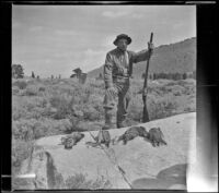 H. H. West holds his gun and poses with the limit of sage hen, Mammoth Lakes vicinity, 1915