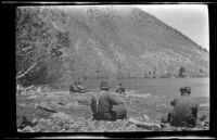 West, Schmitz and Sculling camping party fishes in Convict Lake, Mammoth Lakes vicinity, 1918
