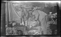 Conrad Scullin and Edward Steinberg cook on the camp stove, Mammoth Lakes vicinity, 1918