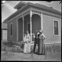 Myrtle Stockwell, John Stockwell and Daisy Conner stand in front of the Stockwell's home, Covina, 1900