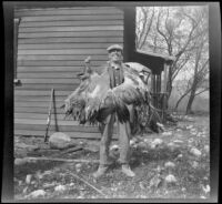 Waller Chanslor poses with ducks at the clubhouse, Gorman vicinity, circa 1910s