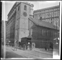 Old South Meeting House with pedestrians and a horse-drawn wagon in front, Boston, 1914