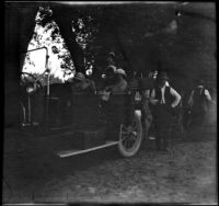 Mary A. West, Hattie Cline, Elizabeth West and Wilfrid Cline stopped on the side of the road, Lancaster vicinity, about 1912