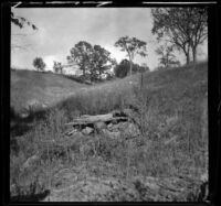 A small stack of rocks and wood planks piled on a small hillside, Germanville, 1900