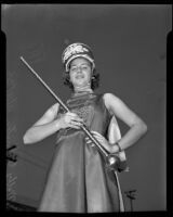 Molly Johnston in drum majorette uniform, Glendale, 1936
