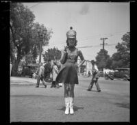 Molly Johnston in drum majorette uniform, Glendale, 1937