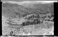 Looking down toward Gardner Creek from Kearsarge Pass during a trip to Gardner Creek, about 1919
