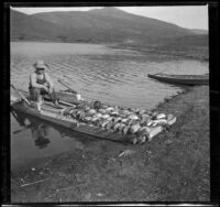 Ducks killed on a hunt lie in rows on a small rowed barge at Otay Reservoir, San Diego County, 1909