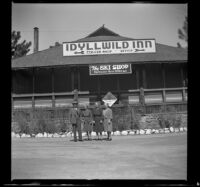 H. H. West, Mertie West, Agnes Whitaker and Josie Shaw pose outside the Idyllwild Inn, Idyllwild, 1942