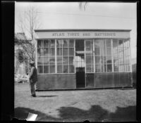 Atlas Tires and Batteries temporarily houses the "Police Court" post-earthquake, Long Beach, 1933