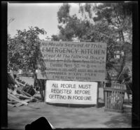 Emergency kitchen sign standing in Bixby Park, Long Beach, 1933