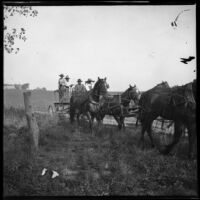 Horse team pulls a road scraper, Elliott vicinity, 1900